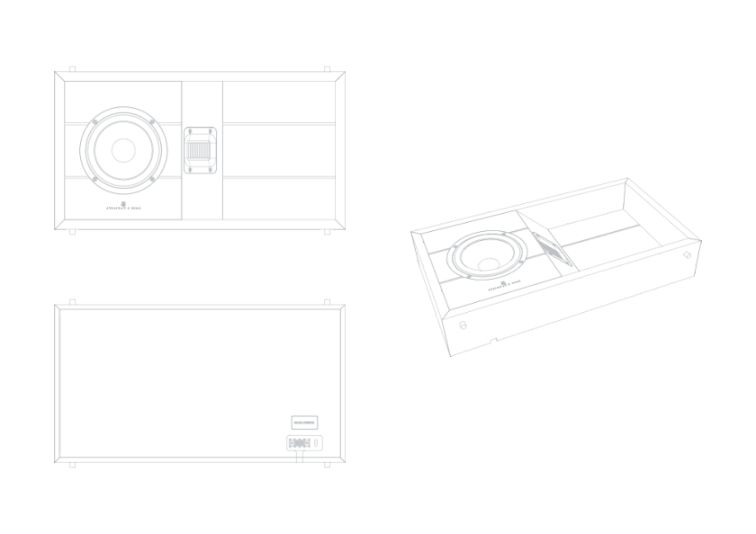Schematic representation of the Steinway & Sons IC-16 TM built-in speaker in various projections