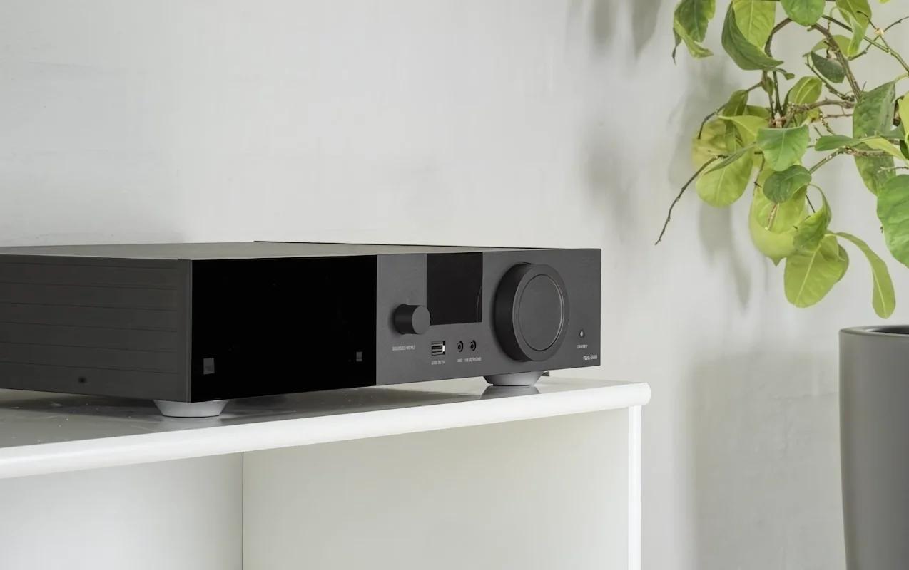 Lyngdorf TDAI-3400 amplifier on the shelf next to the plant