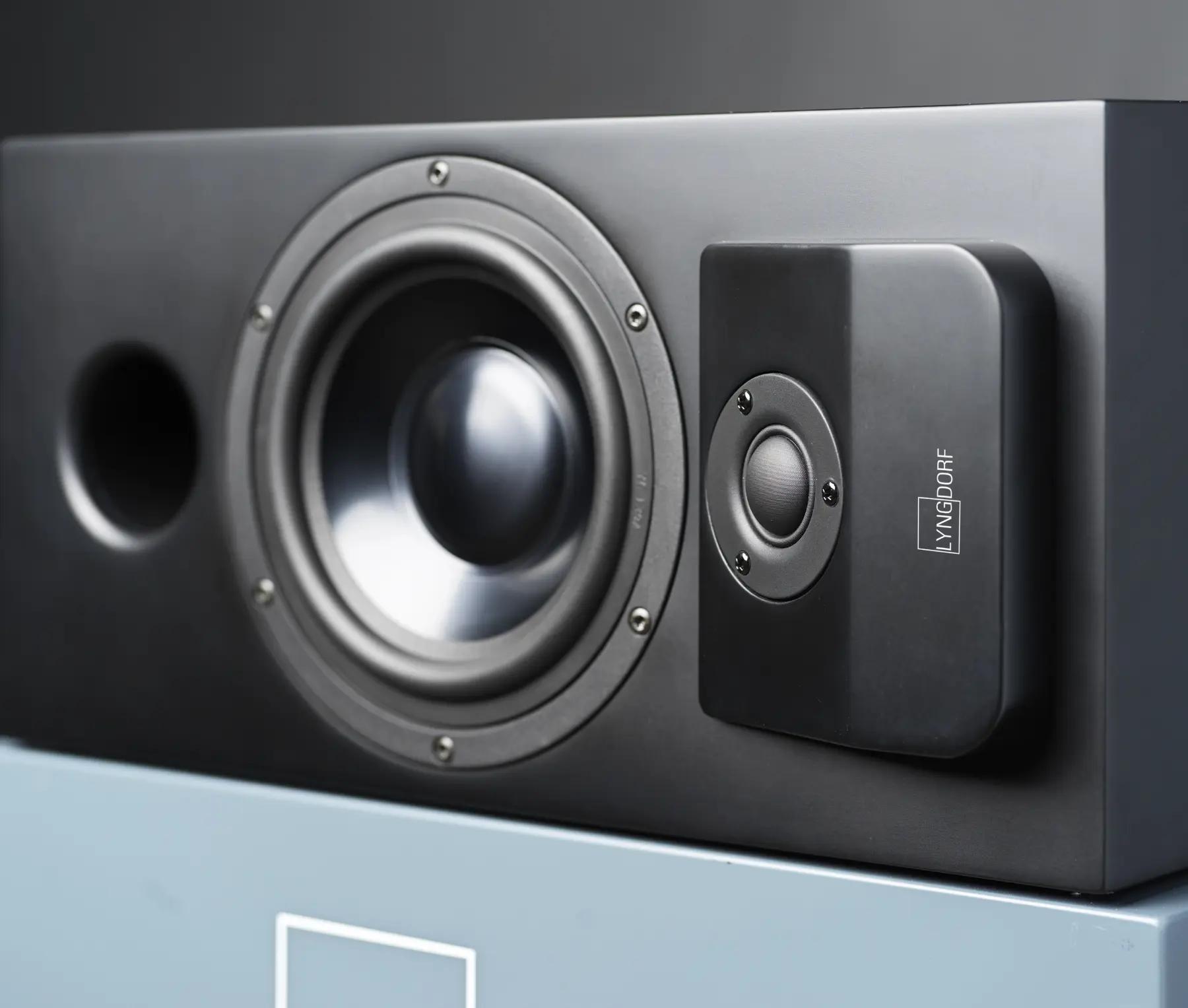 Lyngdorf CS-1 loudspeaker close-up, front view at an angle, clearly showing the tilted plane of the tweeter panel, which is directed towards the centre of the listening area (right loudspeaker in the photo)