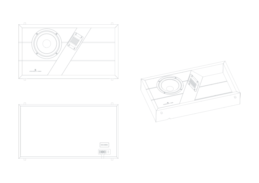 Schematic representation of the Steinway & Sons IC-16 built-in speaker in various projections