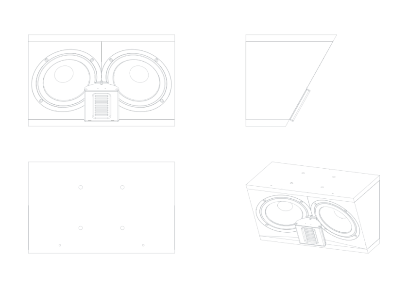 Schematic representation of the Steinway & Sons IC-26 on-ceiling speaker in various projections