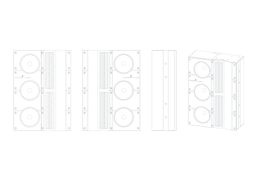 Schematic representation of the Steinway & Sons LS L/R linear source loudspeaker in various projections