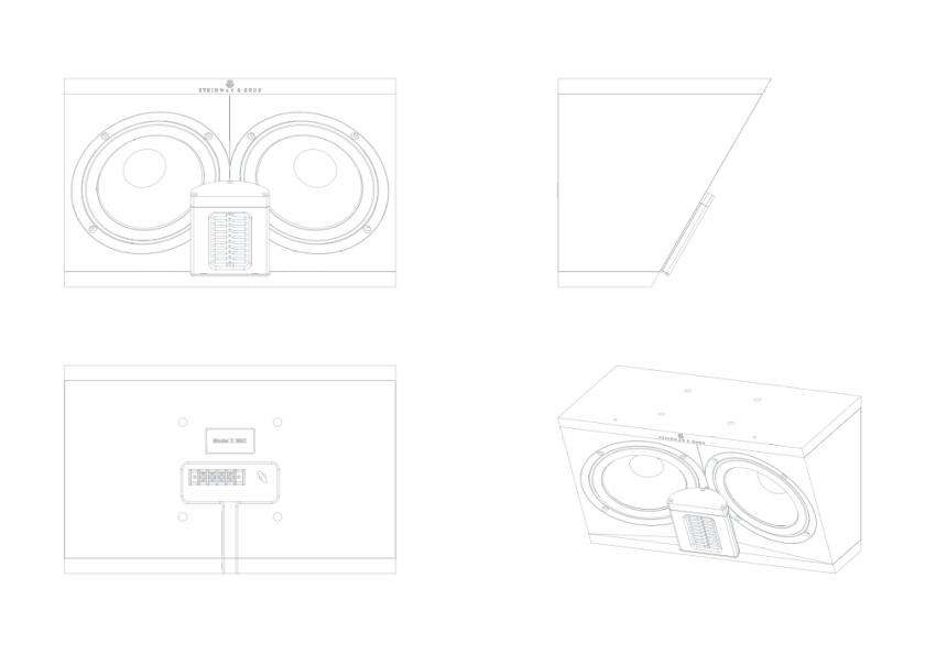 Schematic representation of the Steinway & Sons X-262C on-ceiling speaker in various projections