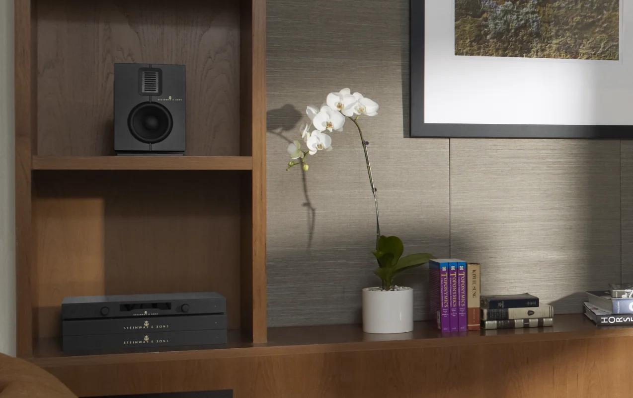 A Model S-15 loudspeaker, an SP-1 processor and a pair of A-1 amplifiers on the shelves