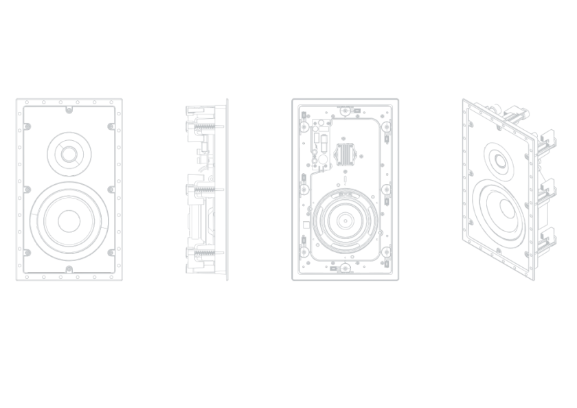 Schematic representation of the Lyngdorf D-6 loudspeaker in various projections