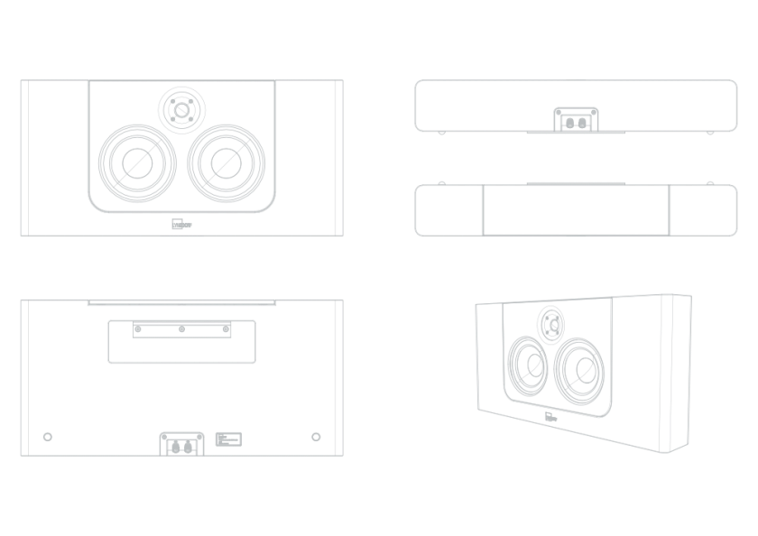 Schematic representation of the Lyngdorf LCR-2 speaker in various projections