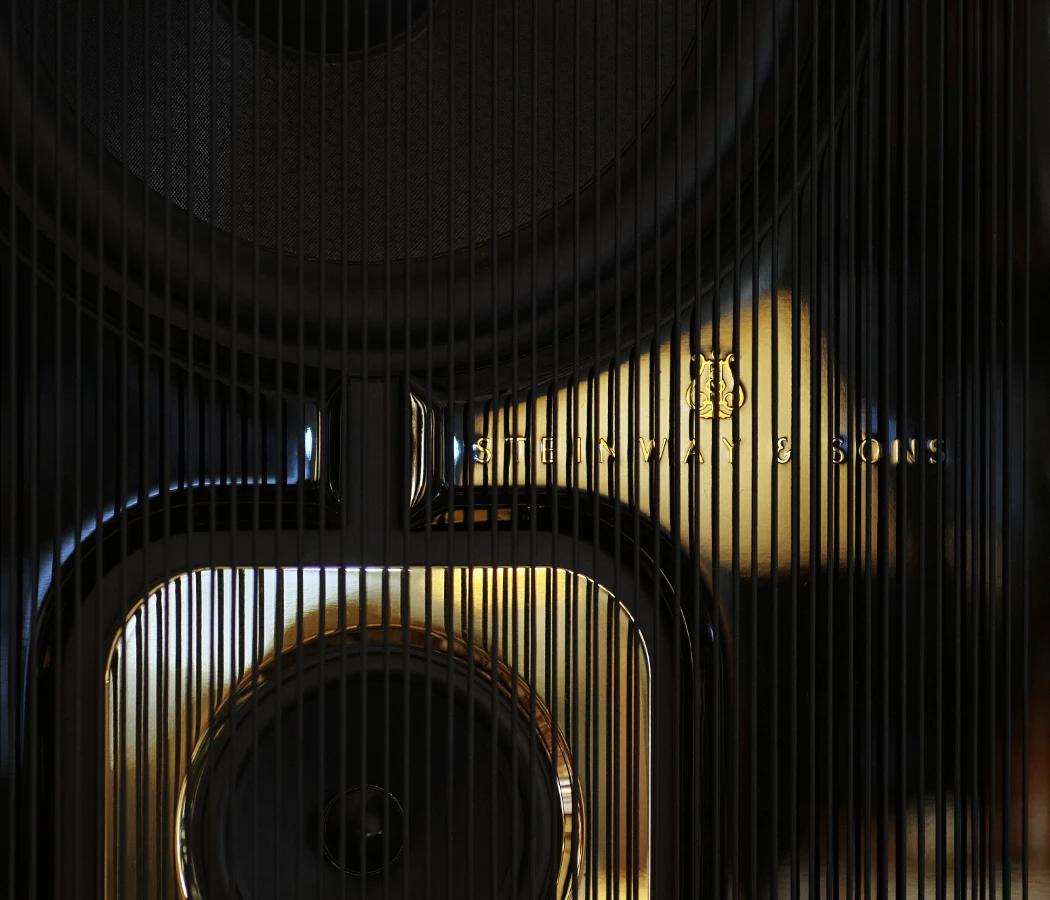 Частина акустичної системи Steinway & Sons Model D великим планом, в кадрі середньочастотний та низькочастотний динаміки, позолочений елемент, лаковане чорне покриття із логотипом бренду
