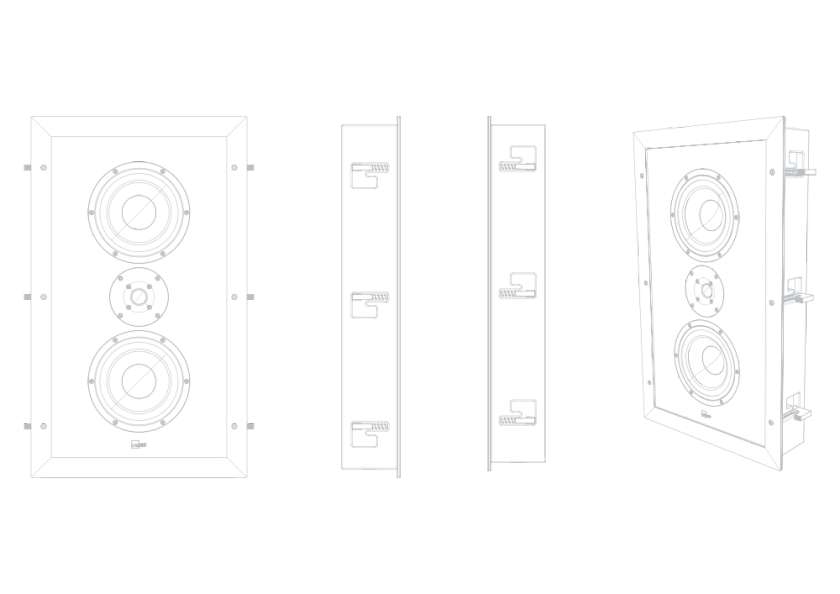 Schematic representation of the Lyngdorf D-60 loudspeaker in various projections