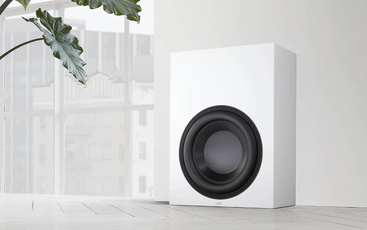 White Lyngdorf BW-2 woofer near the wall and plants