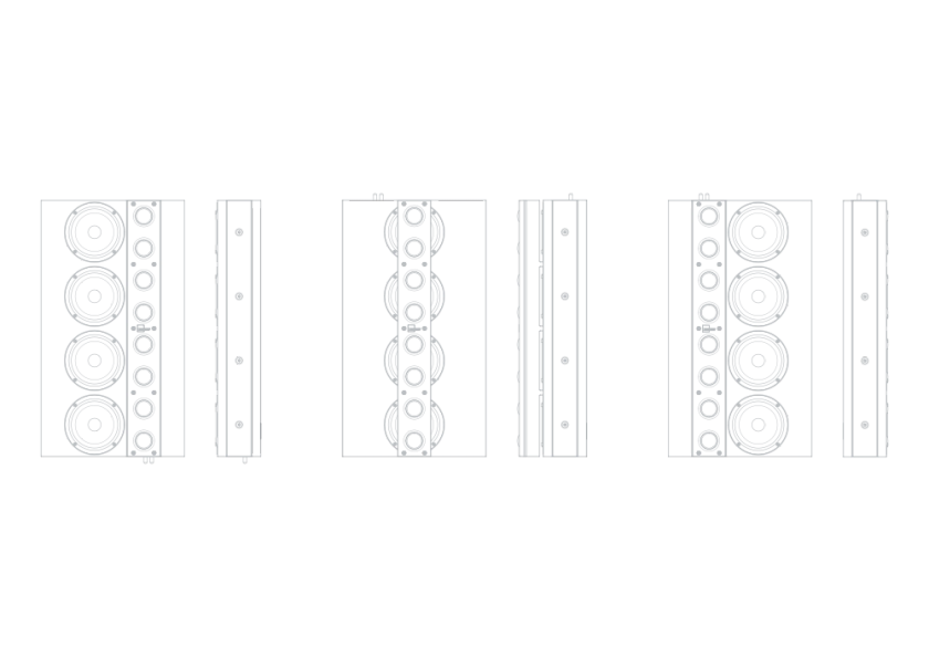 Схематичне зображення гучномовців Lyngdorf LS-1000 (Left, Center, Right) в різних проєкціях