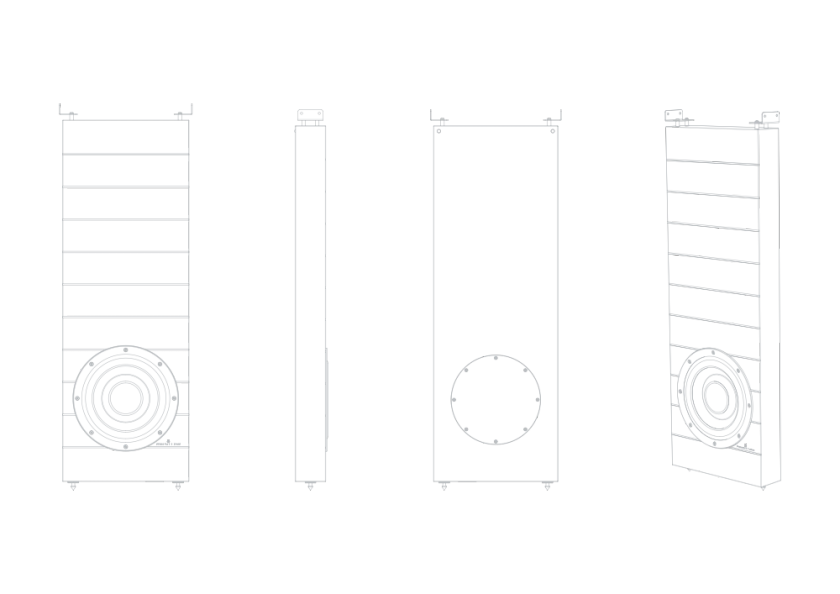 Schematic representation of the Steinway & Sons BWS-110 built-in woofer in various projections
