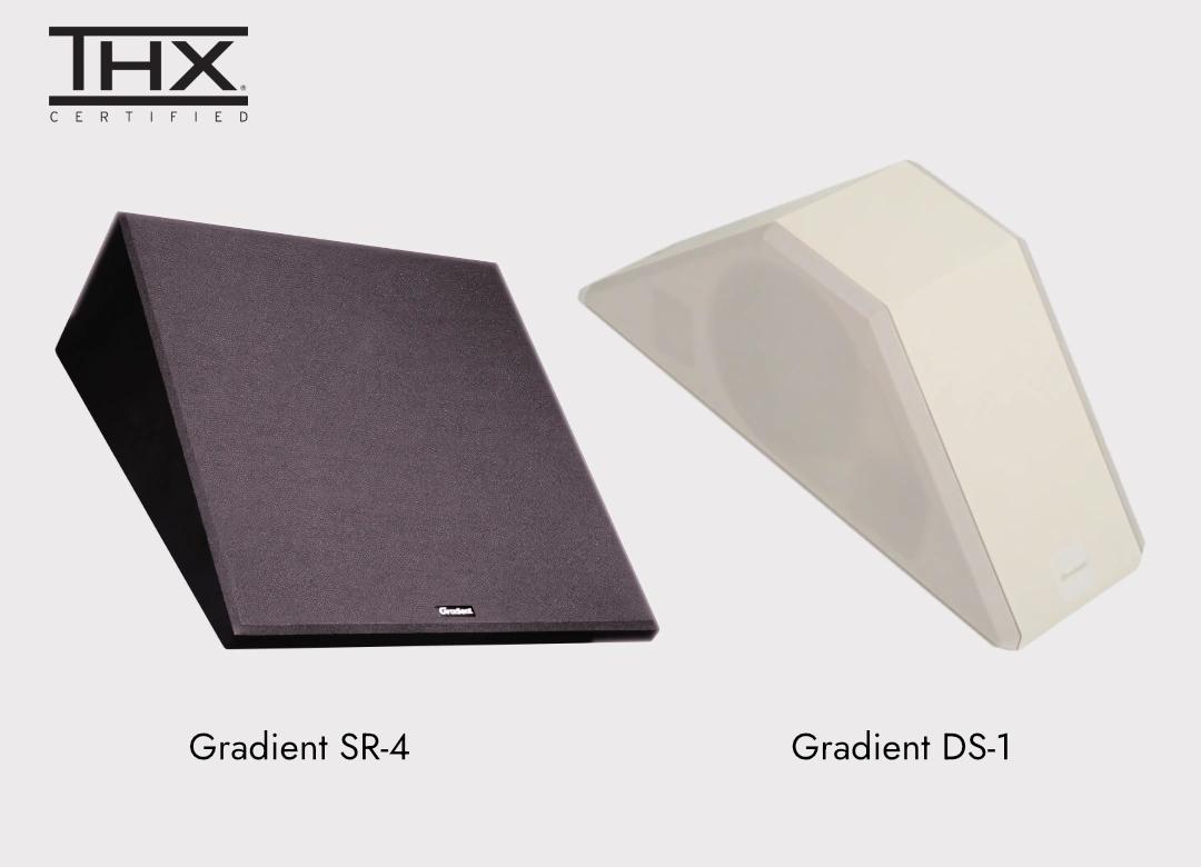 Гучномовці Gradient SR-4 (в чорному виконанні) та Gradient DS-1 (в білому виконанні), в куті знак THX Certified