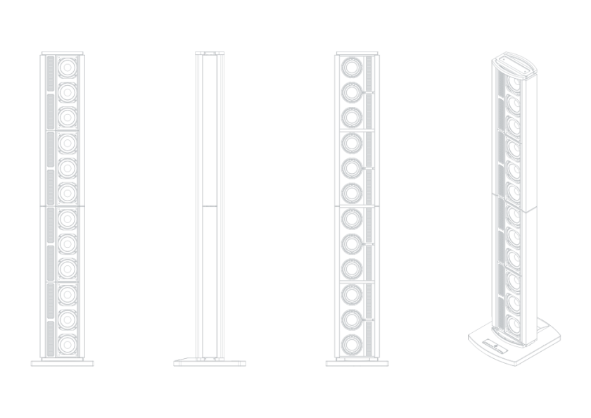 Schematic representation of the Steinway & Sons LS Studio linear loudspeaker array in various projections