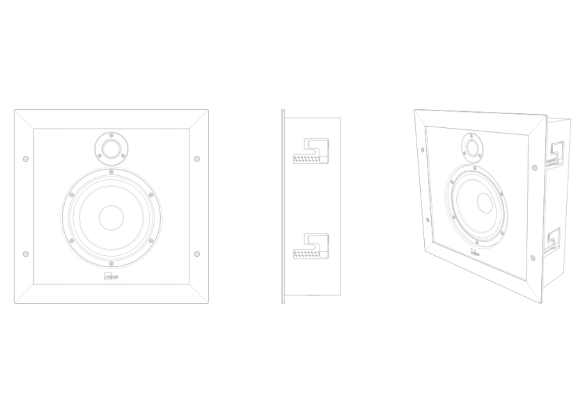 Schematic representation of the Lyngdorf D-5 loudspeaker in various projections