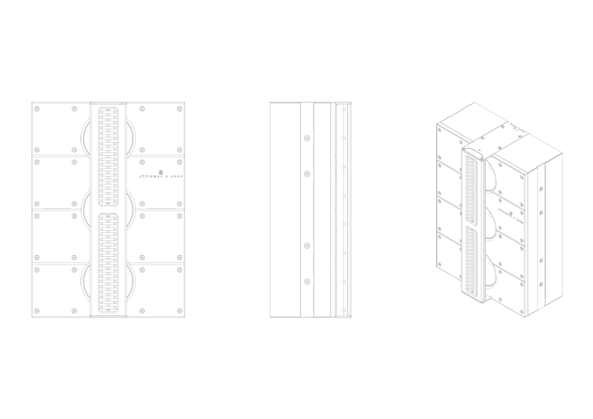 Schematic representation of the Steinway & Sons LS Center linear source loudspeaker in various projections