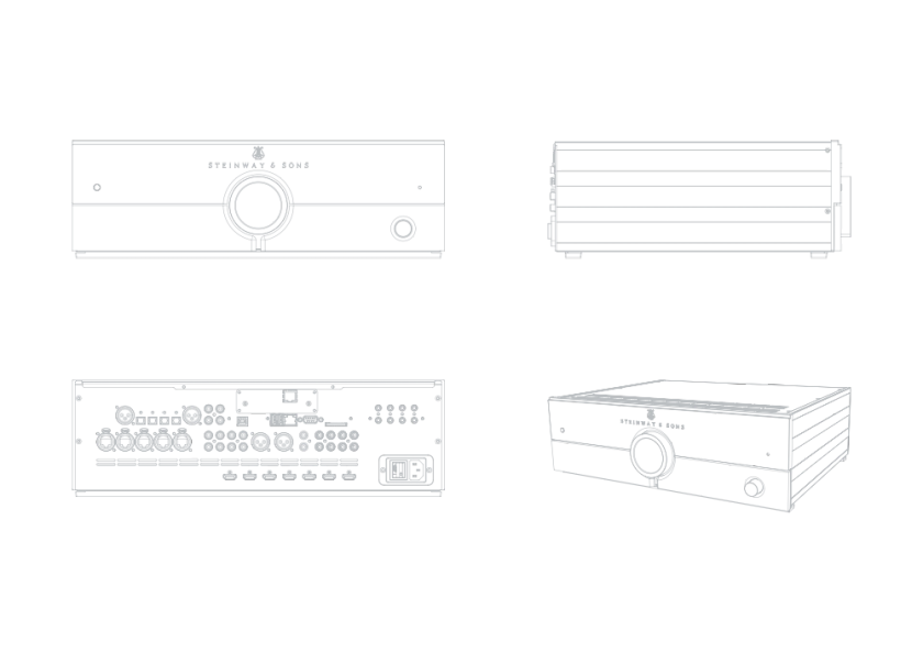 Schematic diagram of the Steinway & Sons P300 2.1 audio processor in various projections