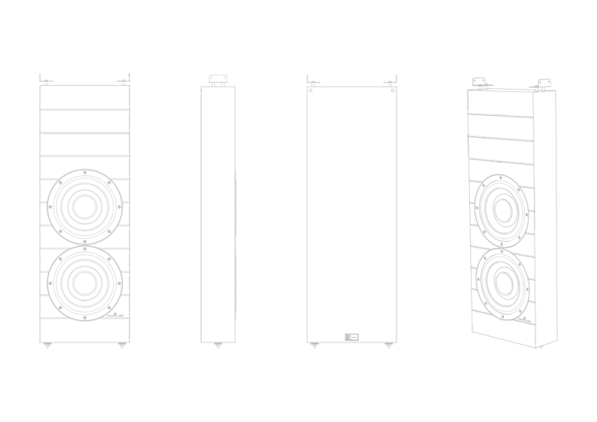 Schematic representation of the Steinway & Sons BWS-210 built-in woofer in various projections