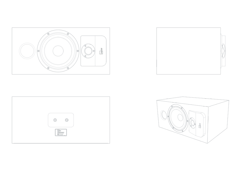Schematic representation of the Lyngdorf CS-1 loudspeaker in various projections