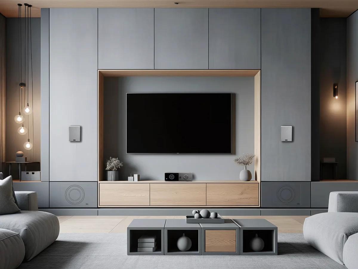 A pair of Lyngdorf MH-3 loudspeakers with grey grilles are mounted on the wall on either side of the television, a TDAI-1120 streaming amplifier stands on a cabinet under the television, on either side of the cabinet are closed cabinets marked BW-3 woofers, and the living room has comfortable sofas on both sides.