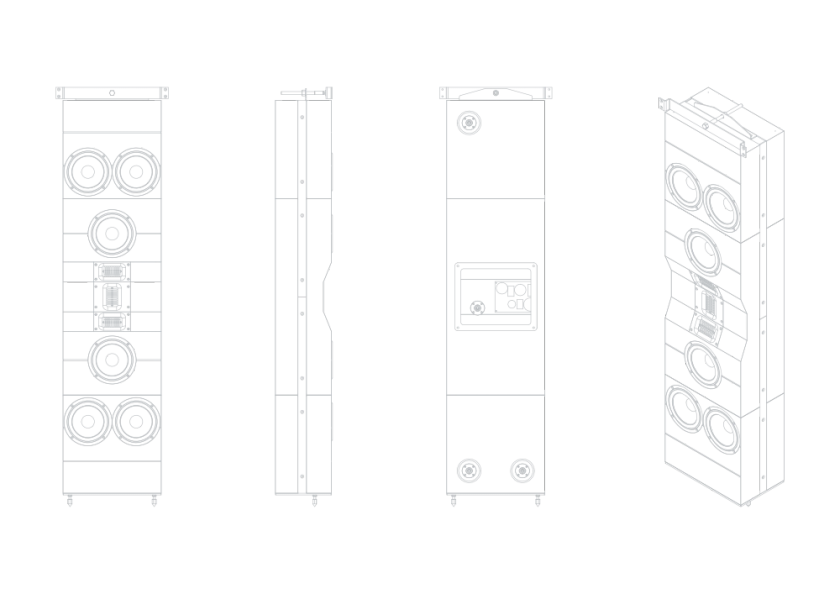 Schematic representation of the Steinway & Sons IW-66 built-in speaker in various projections