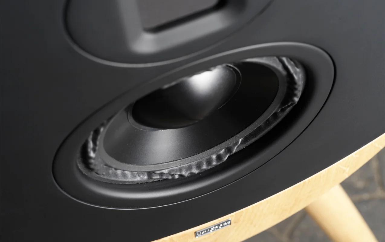 Close-up image of the Lyngdorf Cue-100 loudspeaker