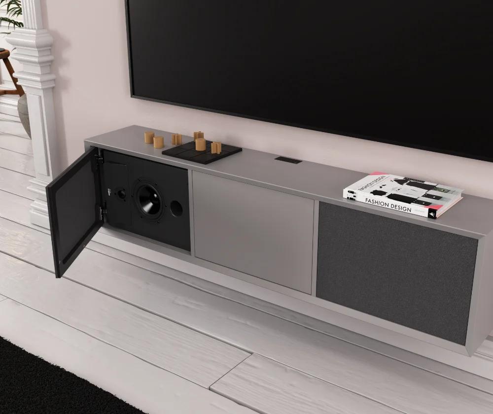 Three-section cabinet housing a pair of Lyngdorf CS-2 loudspeakers (left doors with acoustically transparent panels are open for demonstration purposes) and a large television above the cabinet