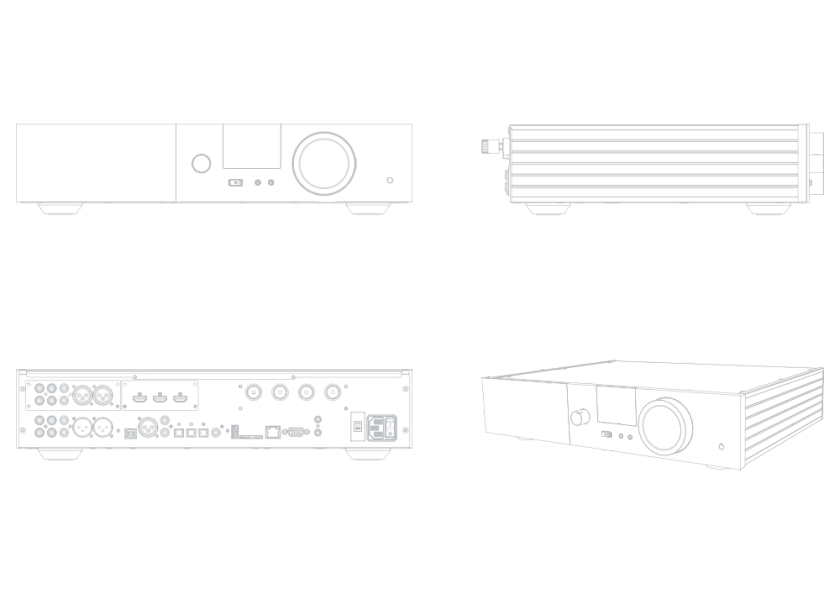 Schematic diagram of the Lyngdorf TDAI-3400 amplifier in various projections