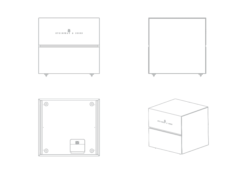 Schematic representation of the Steinway & Sons Model M BW boundary woofer in various projections