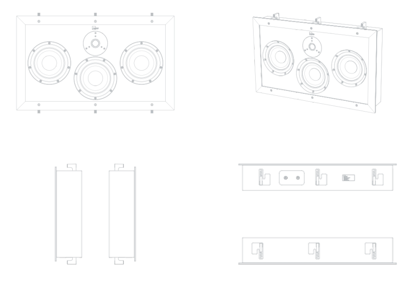 Schematic representation of the Lyngdorf D-500 Center loudspeaker in various projections