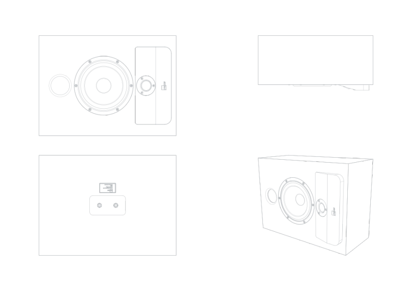 Schematic representation of the Lyngdorf CS-2 loudspeaker in various projections